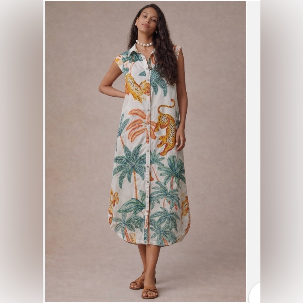 Anthropologie Maeve Lillian Cap Sleeve jungle, print midi dress
